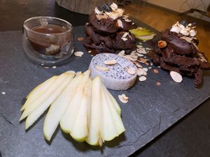 Sweet Potato Dark Cacao Waffle:  Vanilla Marshmallow, Pear, Dragonfruit, Dark Chocolate Michigan Cherry Sauce at Juice By J in Grand Rapids