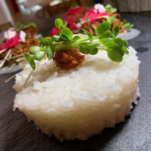 Coconut Sweet Rice, Sambal, Micro Greens at Juice By J in Grand Rapids