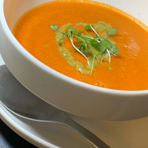 Tomato Bisque Soup w/ Micro Greens at Juice By J in Grand Rapids