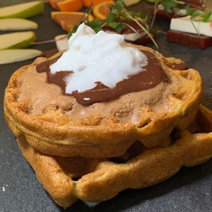 Quinoa & Sweet Potato Waffles w/Dark Cacao Sauce & Walnut Sauce at Juice By J in Grand Rapids