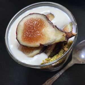 Purple Basil Pudding:  Figs, Vanilla Sauce, 
Chocolate Sauce at Juice By J in Grand Rapids