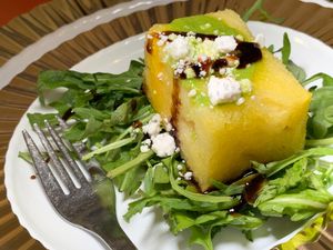 Yellow Watermelon, Arugula, Cashew "Feta", Fig Balsamic Vinaigrette at Juice By J in Grand Rapids