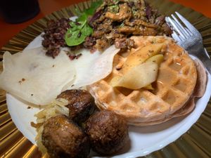 Buffet: Black, Red, White Rice & Quinoa Salad, Radish Tacos, Green Goddess "Meatballs", Waffles w/ Pear & Caramel Sauce at Juice By J in Grand Rapids
