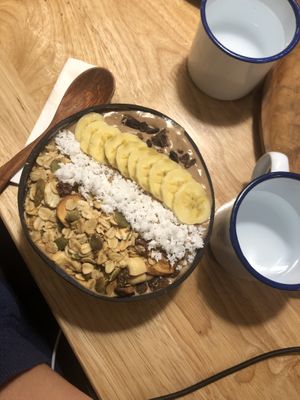 cacao dream smoothie bowl that tastes like reese’s peanut butter cup!  at Roots in Hanoi