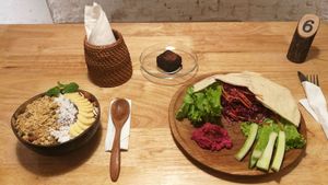 Pita falafel and smoothie bowl at Roots in Hanoi