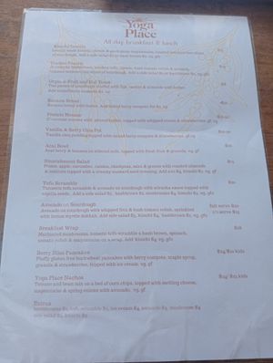 Menu at The Yoga Place Cafe in Blacksmiths