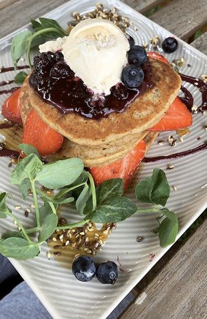 Pancakes with coconut ice cream  at The Yoga Place Cafe in Blacksmiths