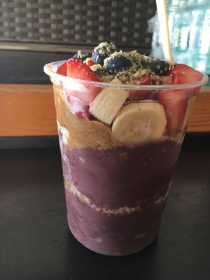 very fresh and tasty large Puna bowl with extra almond butter at Basik Acai in Kailua Kona