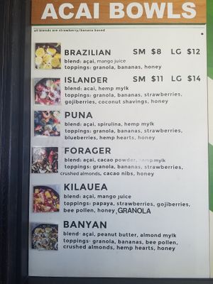 Acai bowl menu at Basik Acai in Kailua Kona