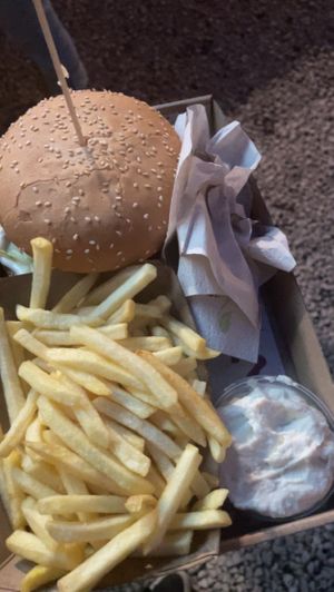 Chicken burger with chips and garlic Mayo  at Las Vegan's - Kazinczy 11 in Budapest