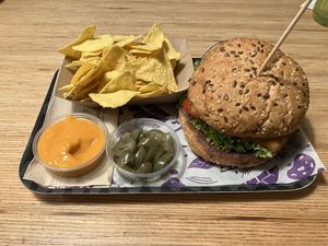 Sweet Dreams Burger with Nachos at Las Vegan's - Kazinczy 11 in Budapest