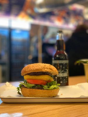 Sweet dream burger with vegan cheese and hungarian cola. at Las Vegan's - Kazinczy 11 in Budapest