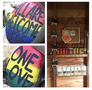 All are welcome here ! House made hit sauce, herbs and spices for sale  at Mel's Botanical Retreat in Savanna La Mar