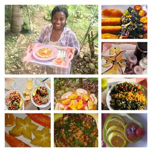 Mel, the owner serving the 2nd course breakfast to a guest on his veranda on Kentucky Mountian / Cave in Westemoreland Parish Jamaica West Indies  at Mel's Botanical Retreat in Savanna La Mar