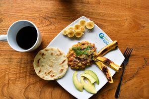 Traditional breakfast made vegan at Lulo's Restaurante in Jardin