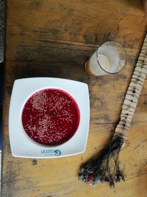 Beetroot soupe (included in the lunch menu) at Lulo's Restaurante in Jardin