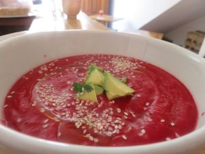 Crema de Remolacha con Aguacate at Lulo's Restaurante in Jardin