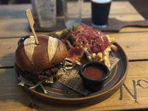 Celeriac Bhaji Burger with fries upgraded to loaded fries  at Lost Brewing Co in Newquay
