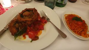Fried Portobello with Peppers and Spaghetti arrabiata at Santa Lucia - Paradeplatz in Zurich