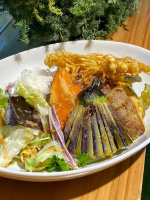 Restaurant menu. Japanese tempura ricebowl at Vegan Store - Cafe in Tokyo