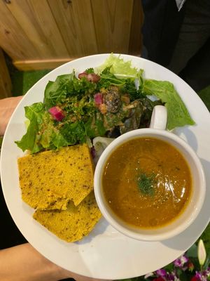 Restaurant menu. Soup set with glutenfree homemade bread at Vegan Store - Cafe in Tokyo