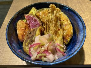 Rice bowl with tempura vegetables  at Vegan Store - Cafe in Tokyo