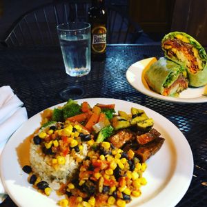 Black beans and rice and bbq chickin wrap at The Good Life in Bridgetown