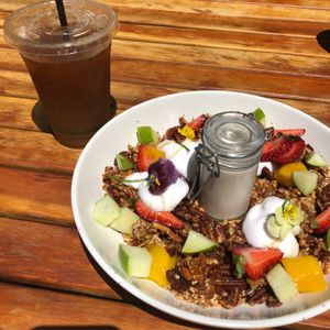 Paleo granola and ice long black with soy at Corners on the Bay in Bunbury