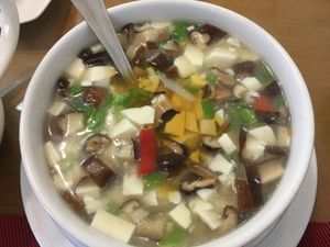 Soup with tofu and assorted vegetables at HUI KITCHEN in Santiago De Compostela