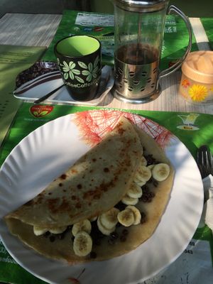 Vegan pancake with dark chocolate and bananas 🤤 at Pancake 4 Paws in Ratnanagar