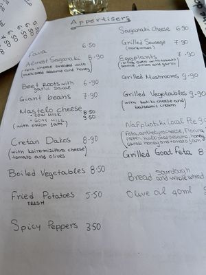 Appetizer menu  at Aiolos Taverna in Nafplion