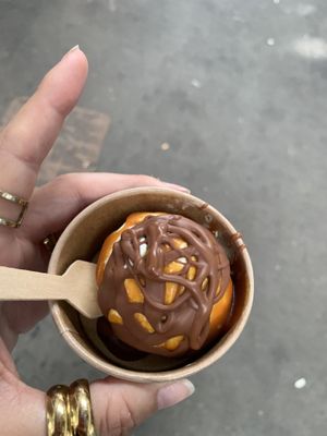 Ice cream with chocolate and caramel sauce   at Luisa's Vegan Chocolates in Nottingham