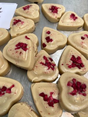 White casholate hearts with raspberry  at Luisa's Vegan Chocolates in Nottingham