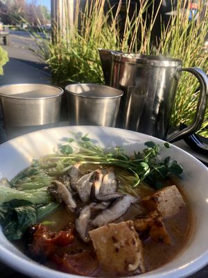 Smoked shiitake-cashew ramen with spicy tofu and slow roasted tomatoes  at Miyagi Ramen in Bend