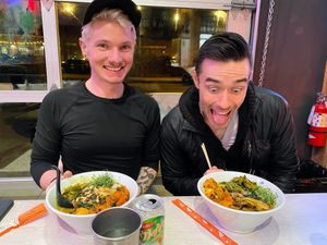 Butternut squash ramen. It started off good, but then we found it a bit salty and a bit thick (like a chowder consistency).  at Miyagi Ramen in Bend