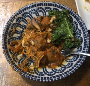 Half eaten vegan meatballs  at Pasapan in Segovia