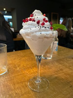 Coconut foam vegan dessert  at Pasapan in Segovia