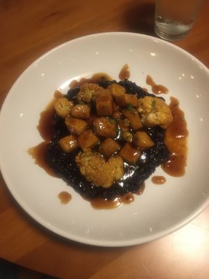 General Tsao Tofu with sweet & spicy sauce, black forbidden rice and cauliflower at The Imperial in Lancaster