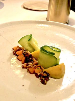 Zucchini, fermented carrot, savoury granola, dill

 at Ezard in Melbourne