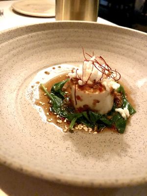 Tempura tofu, aged hon mirin dressing, chilli sambal, sweetcorn, Chinese broccoli 

 at Ezard in Melbourne