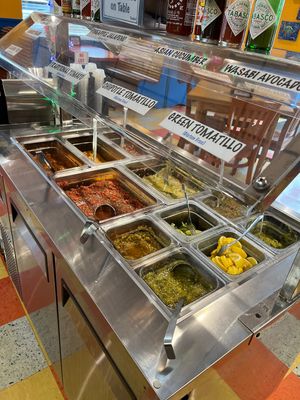Salsa bar  at Flaming Amy's Burrito Barn in Carolina Beach