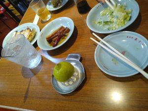 Lemon sour, menma, gyoza at Izakaya Masaka in Tokyo