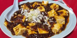 Mapo tofu set meal - comes with rice, miso soup and side dish at Izakaya Masaka in Tokyo