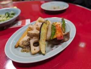Fried vegetables with special sauce at Izakaya Masaka in Tokyo
