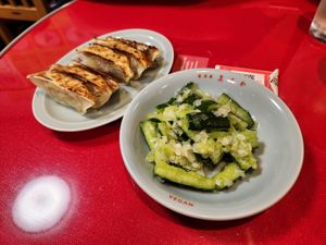 Gyoza and cucumber at Izakaya Masaka in Tokyo