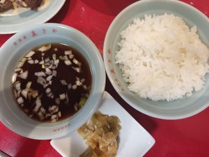 Accompaniments for the lunch set - soup, pickles, and rice at Izakaya Masaka in Tokyo
