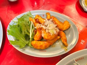 Vegan fried NOT shrimp in chilli sauce  at Izakaya Masaka in Tokyo