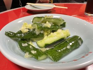 Cucumber with spring onion and ginger. I liked it, was crunchy and fresh    at Izakaya Masaka in Tokyo