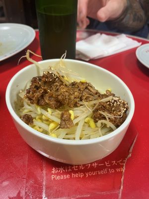 Mince meat on bean sprouts   at Izakaya Masaka in Tokyo