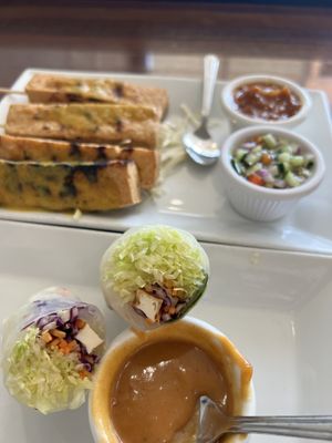 Tofu veggie spring roll up front and the tofu satay in the back   at Sunny Thai in Arlington